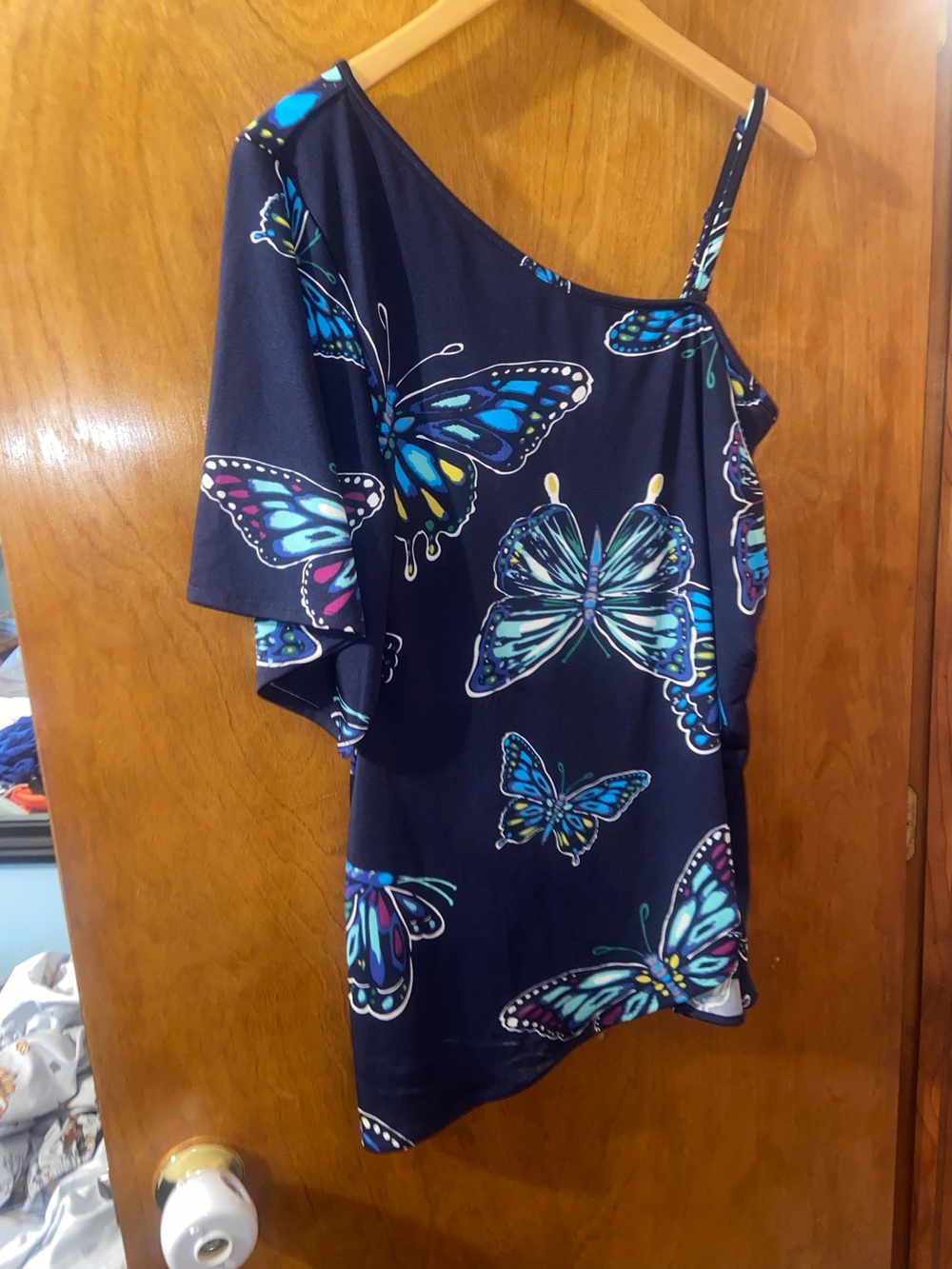 Women’s Navy Blue Butterfly One-Shoulder Top Size Large